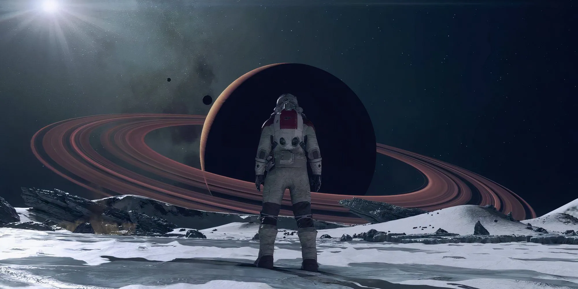 Phi hành gia đứng nhìn hành tinh giống sao Thổ trong game Starfield