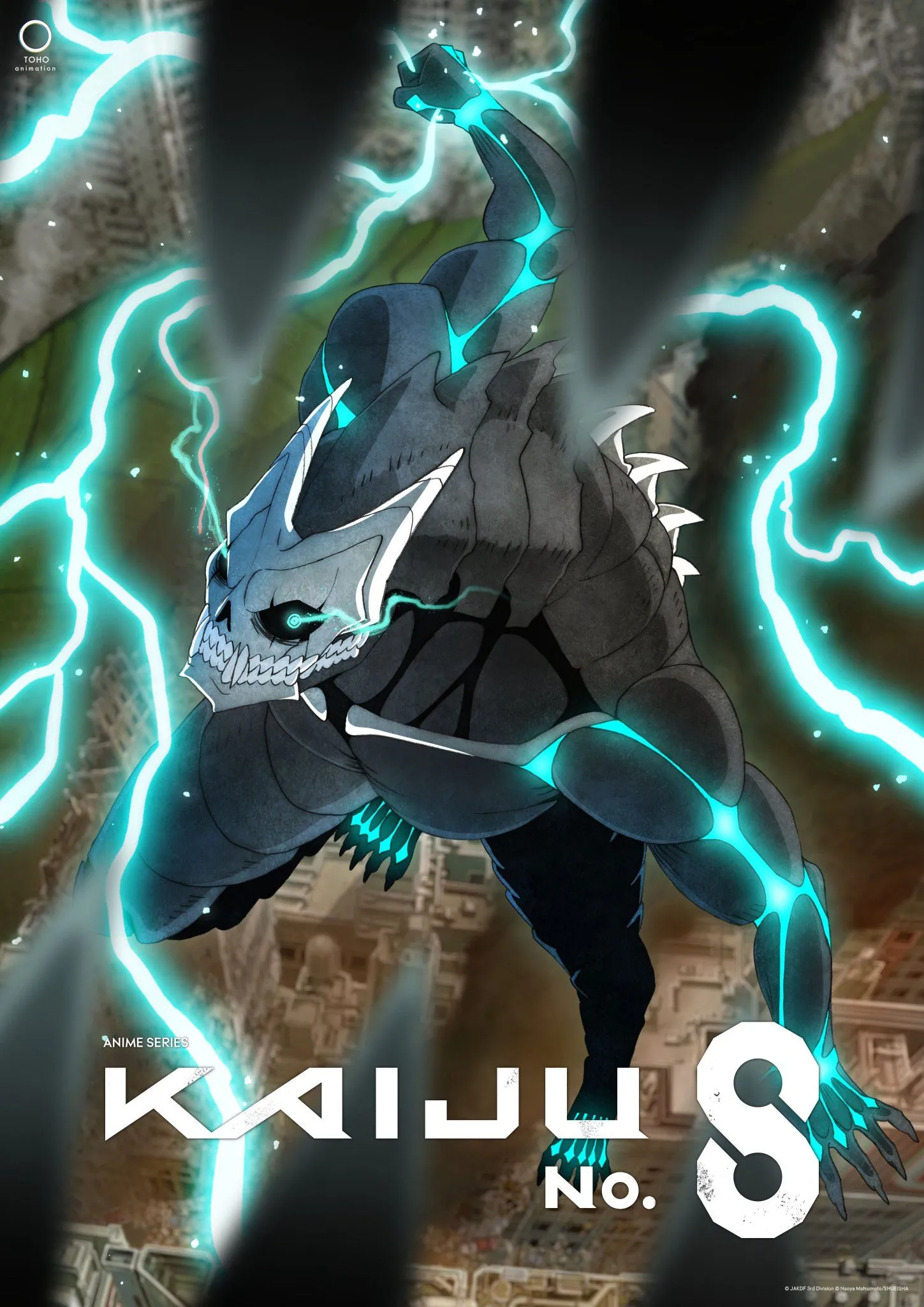 Poster chính thức của anime Kaiju No. 8, với các nhân vật trung tâm như Kafka Hibino và Mina Ashiro, cùng với các Kaiju.