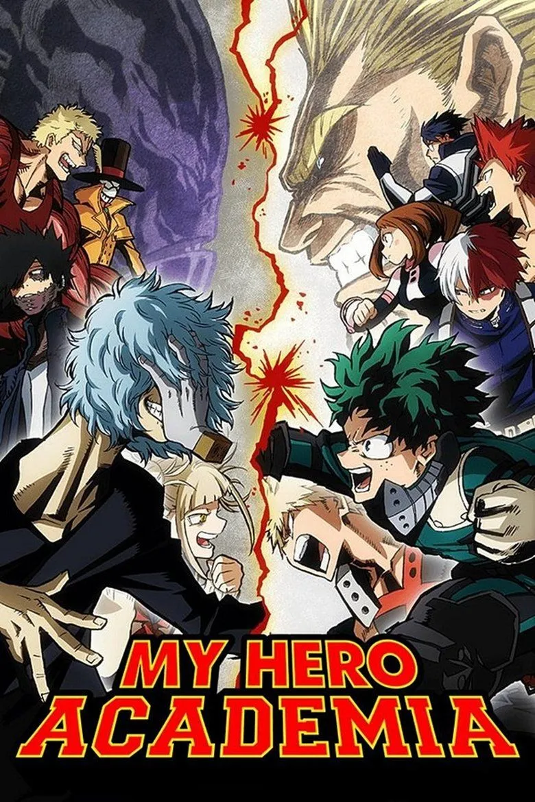 Poster chính thức của series My Hero Academia, minh họa thế giới anh hùng và phản diện