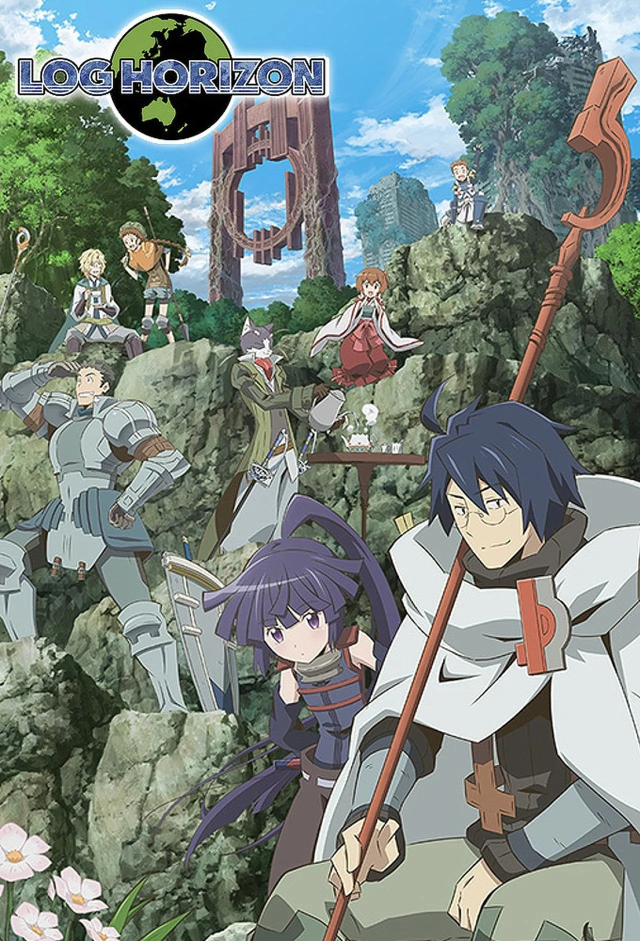Poster Log Horizon với Shiroe và các thành viên của guild
