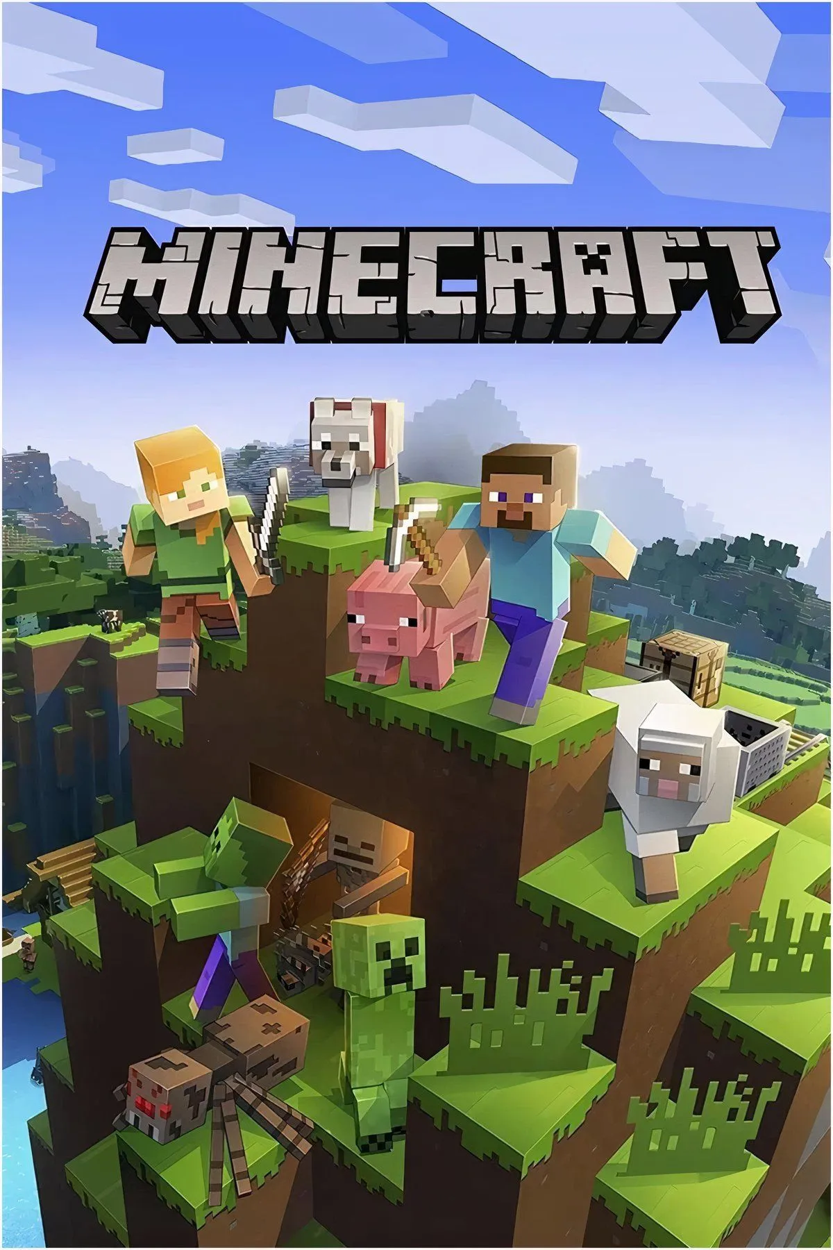 Quang cảnh thế giới Minecraft với địa hình đa dạng và công trình được xây dựng