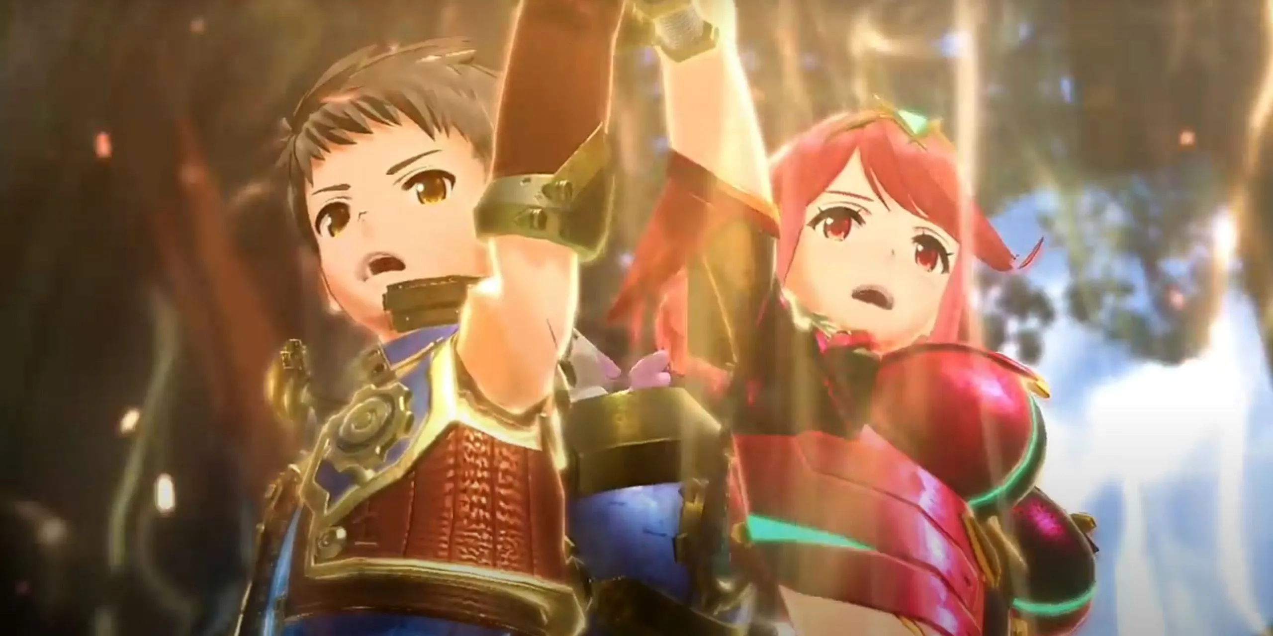 Rex và Pyra đứng tựa lưng vào nhau, chuẩn bị tấn công trong Xenoblade Chronicles 2.