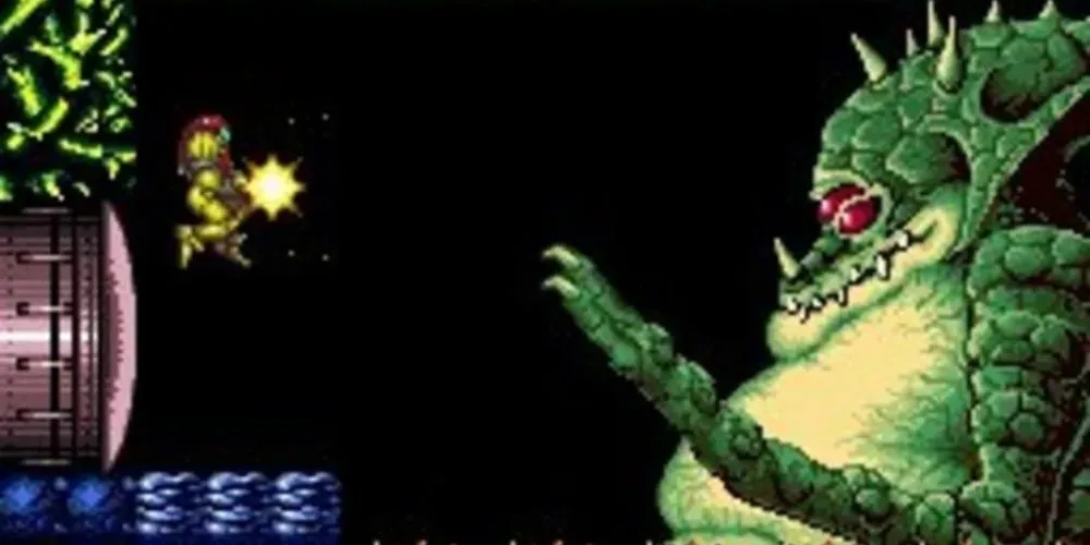Samus Aran đứng trước cảnh nền quen thuộc trong game Metroidvania huyền thoại Super Metroid