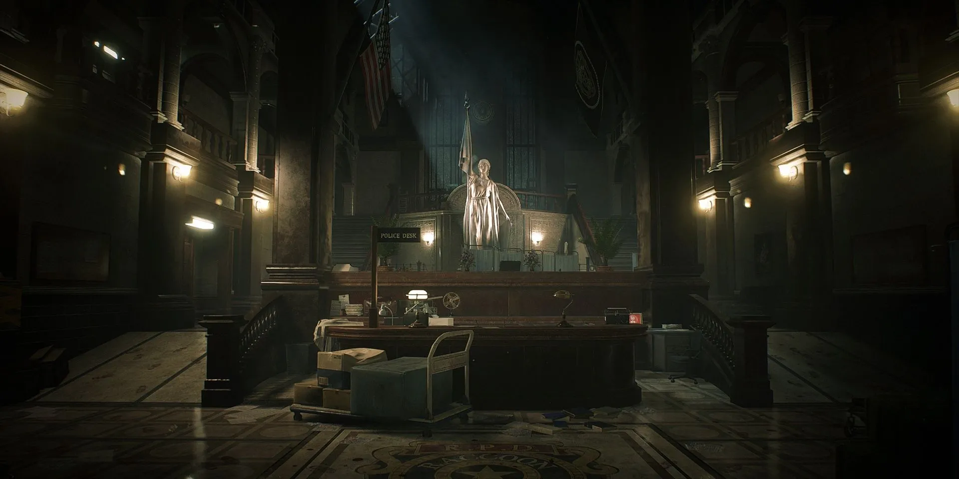 Sảnh chính Sở Cảnh sát Raccoon City trong game Resident Evil 2 Remake