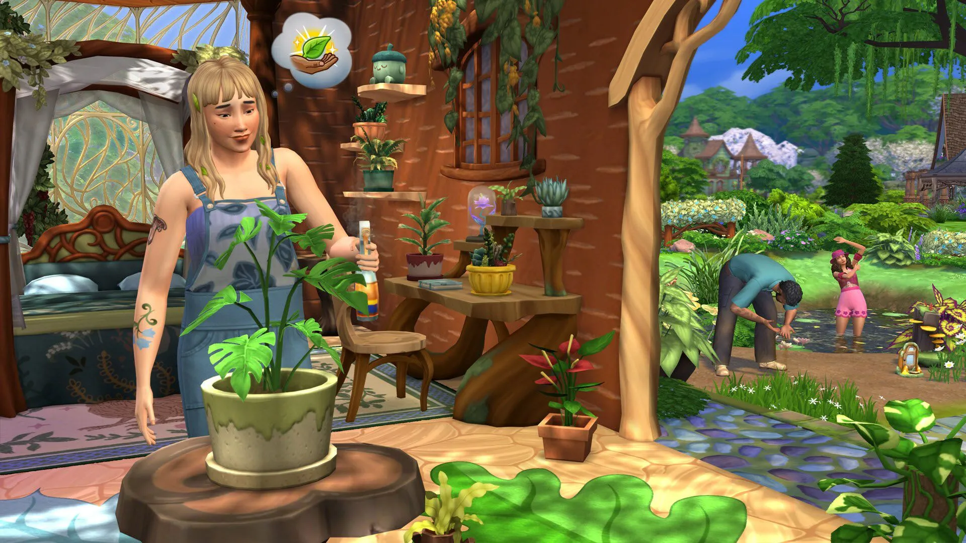 Sims tương tác với môi trường tự nhiên và cây cối đặc biệt trong The Sims 4 Enchanted by Nature, gợi lên không khí khám phá và phiêu lưu.