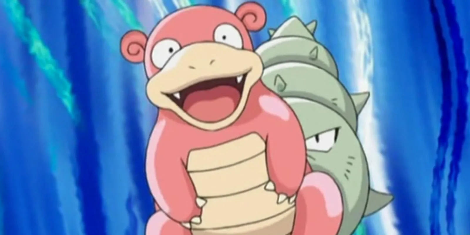 Slowbro cười rộng, một Pokemon với vỏ ốc nhưng lại được Pokedex gọi là &quot;Cua Ẩn Sĩ&quot;.