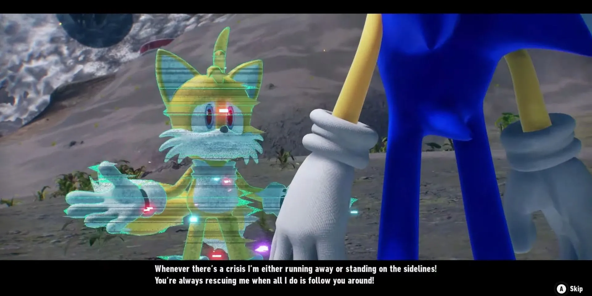 Sonic và Tails trò chuyện trong game Sonic Frontiers về sự inconsistent của Tails