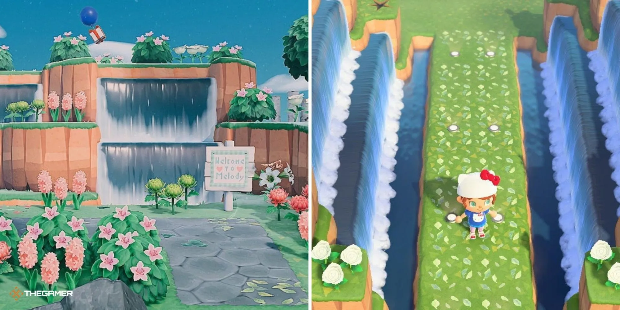 Thiết kế thác nước và lối vào đảo độc đáo trong Animal Crossing New Horizons.