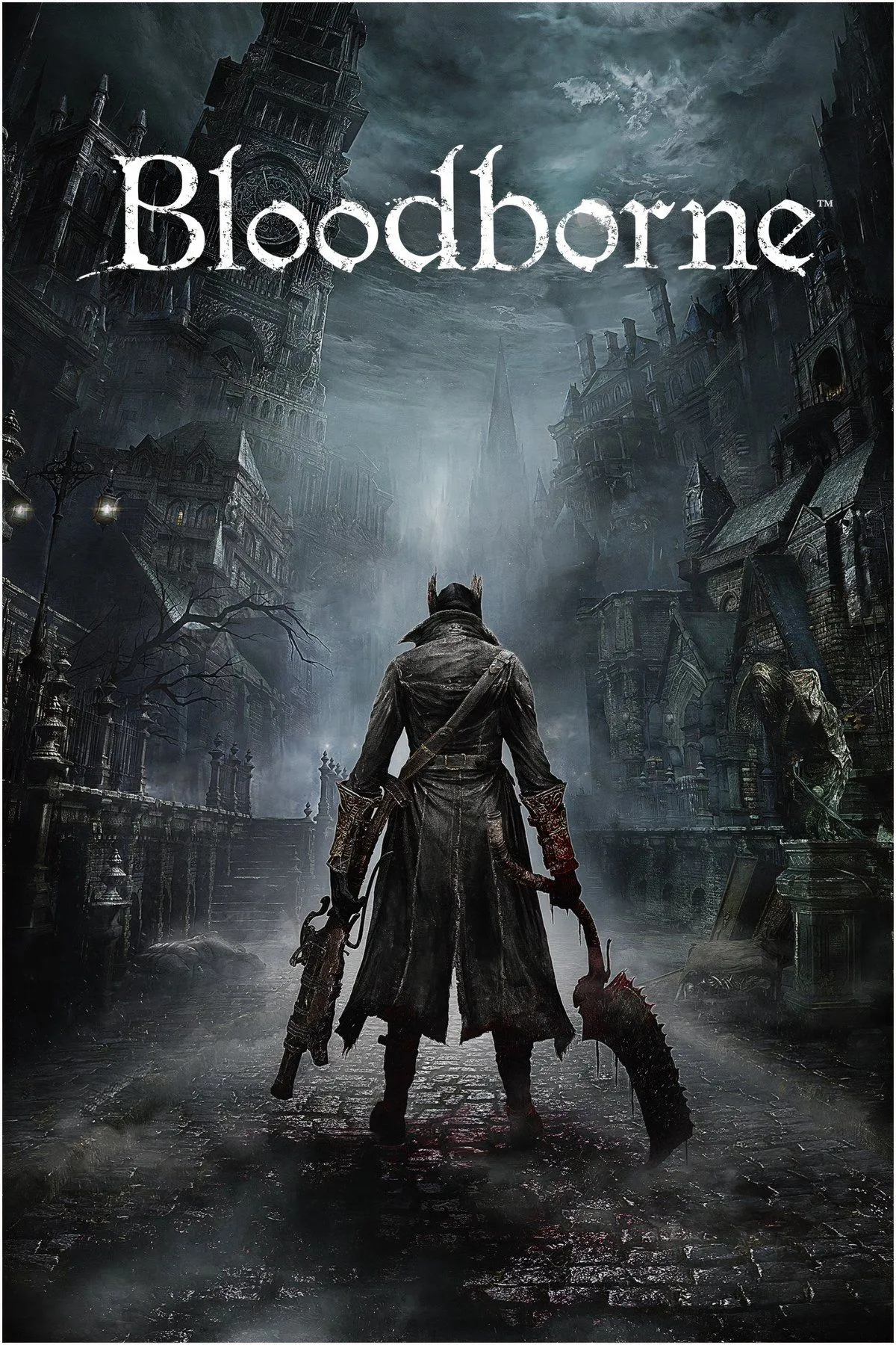 Thợ săn Bloodborne trong khung cảnh Yharnam đầy ám ảnh, thể hiện phong cách Gothic đặc trưng