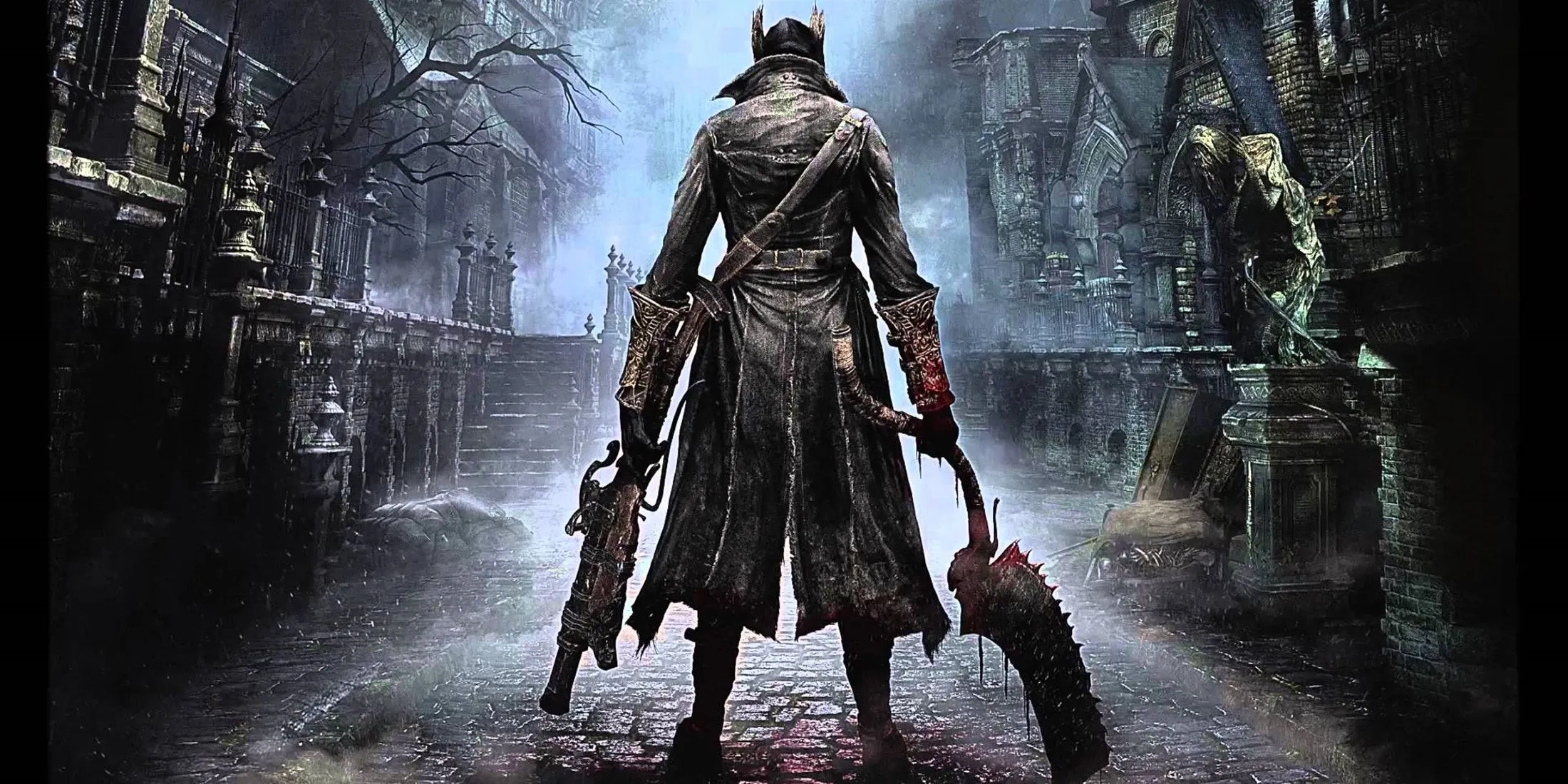 Thợ săn trong Bloodborne cầm vũ khí đặc trưng, đang đối mặt với kẻ thù trong một con hẻm tối tăm của Yharnam