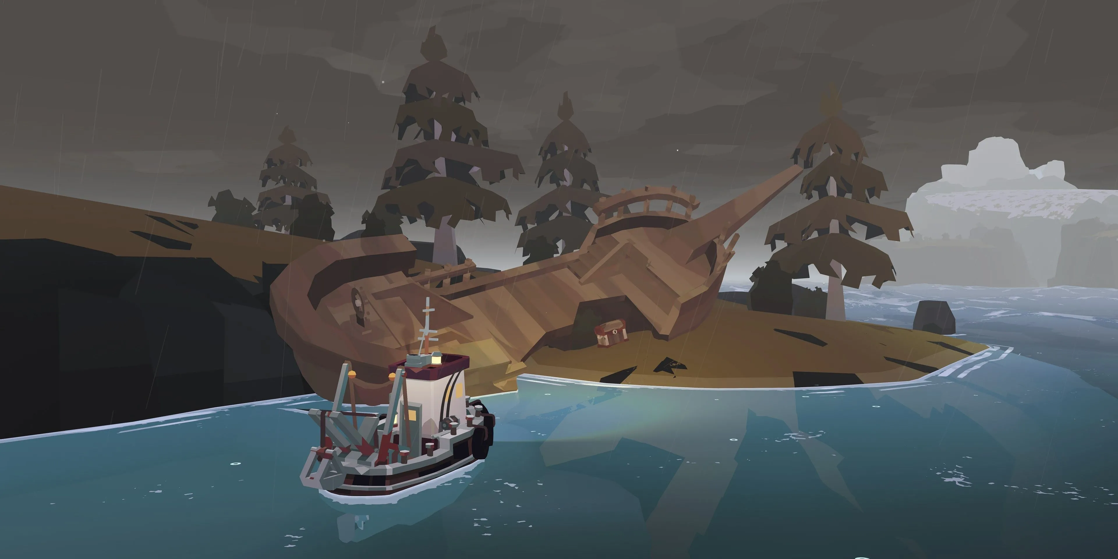 Thuyền của người chơi di chuyển gần một con tàu đắm trong game kinh dị câu cá Dredge