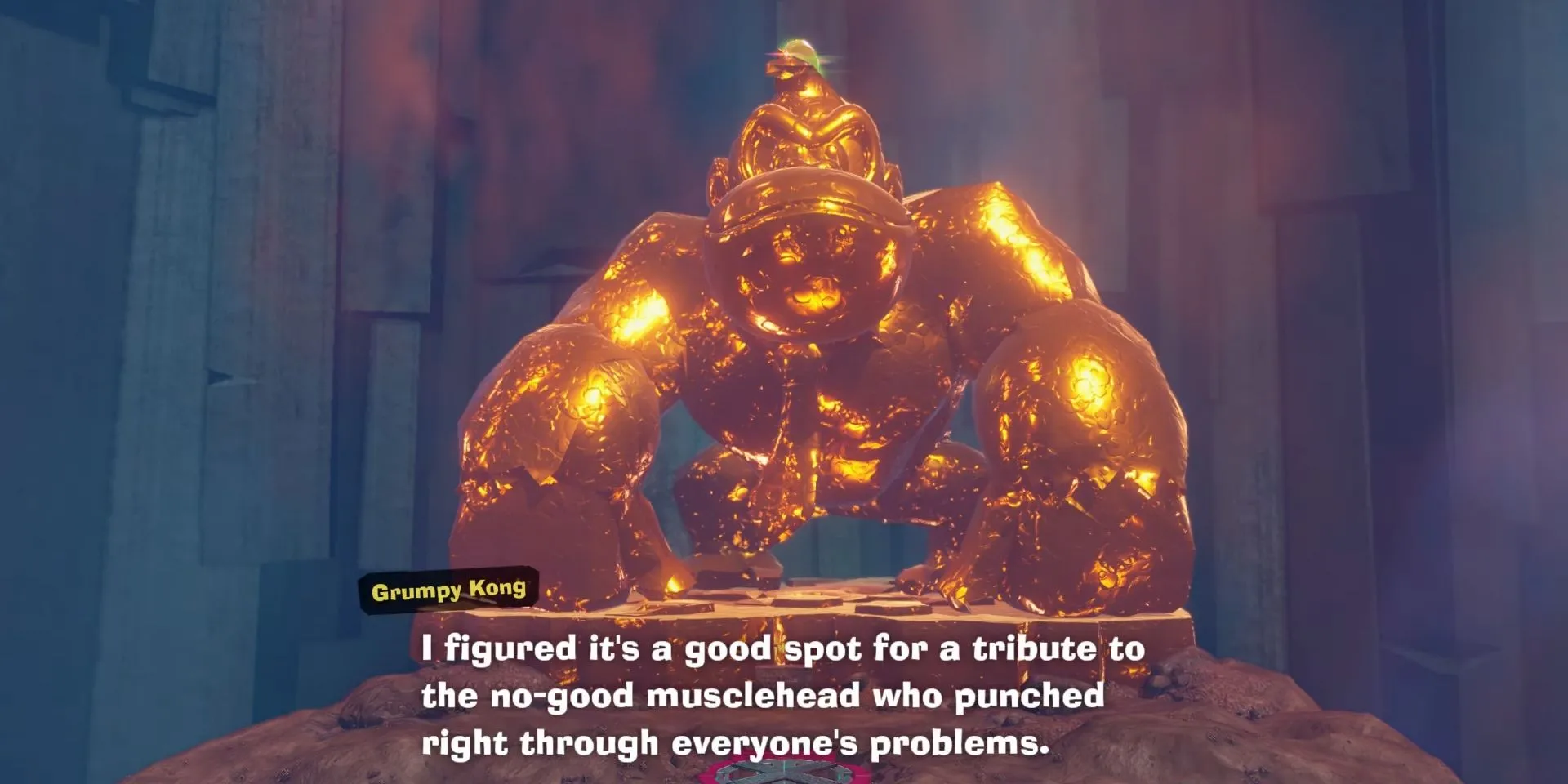 Tượng Donkey Kong màu vàng rực rỡ đứng sừng sững trên đỉnh Đảo Ingot, tượng trưng cho thành quả sau phá đảo
