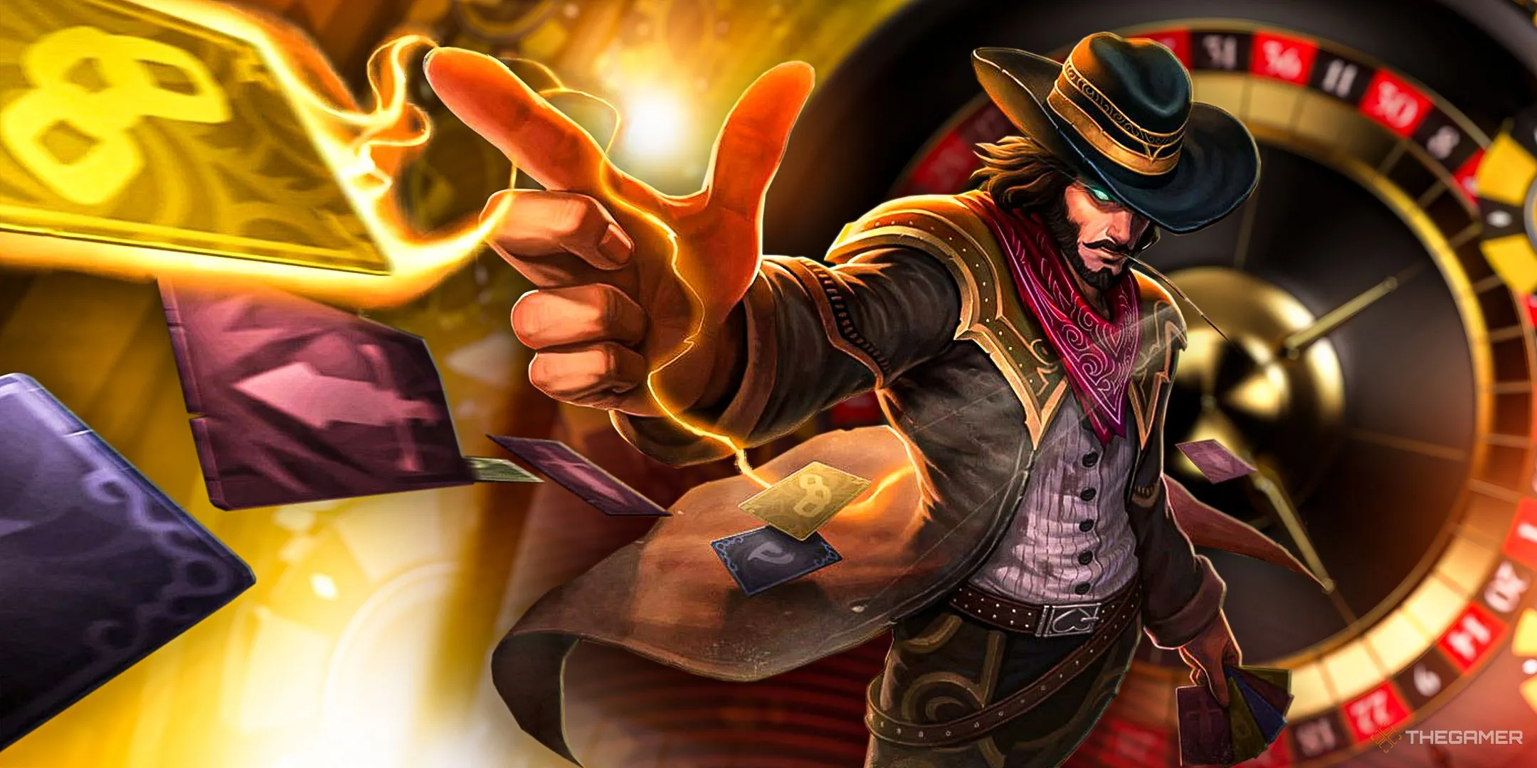 Tướng Twisted Fate trong trang phục High Noon ném bài, minh họa bối cảnh Liên Minh Huyền Thoại.